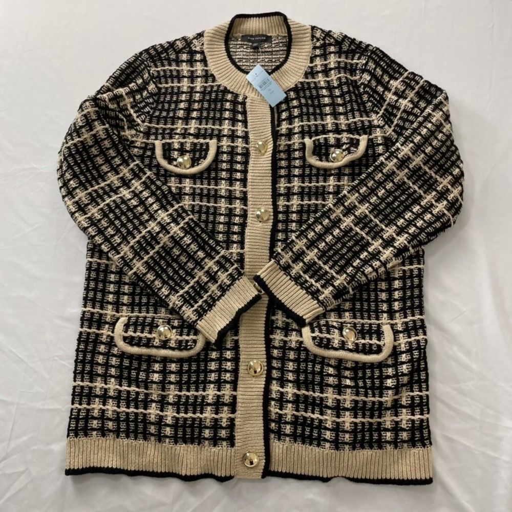 Ann Taylor Plaid Cardigan Sweater Black Tan Gold Button Longline XLP NWT
